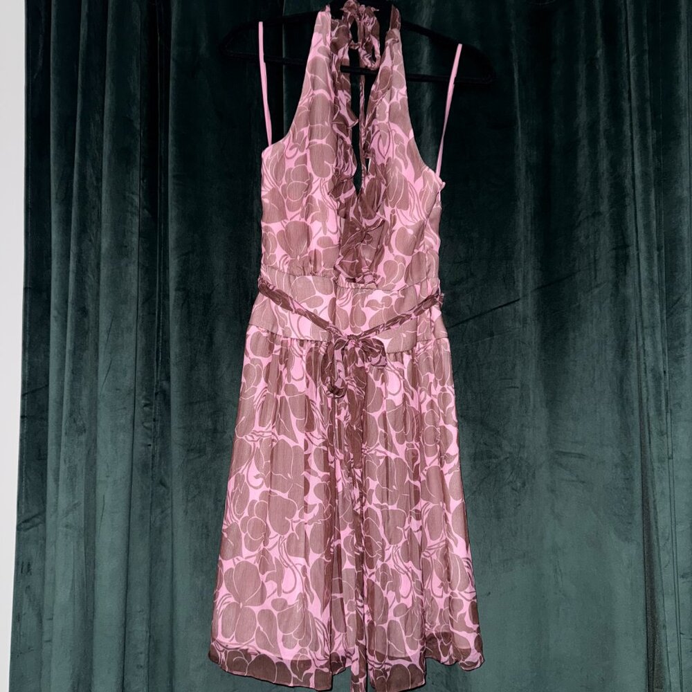NWT Milly Pink & Brown Ruffle 100% Silk Floral Print Halter Neck Dress, Size 4